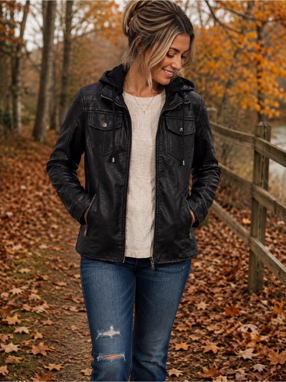 Danesi Jeans Black Faux Leather Hooded Moto Jacket Quilted Zip Coat M